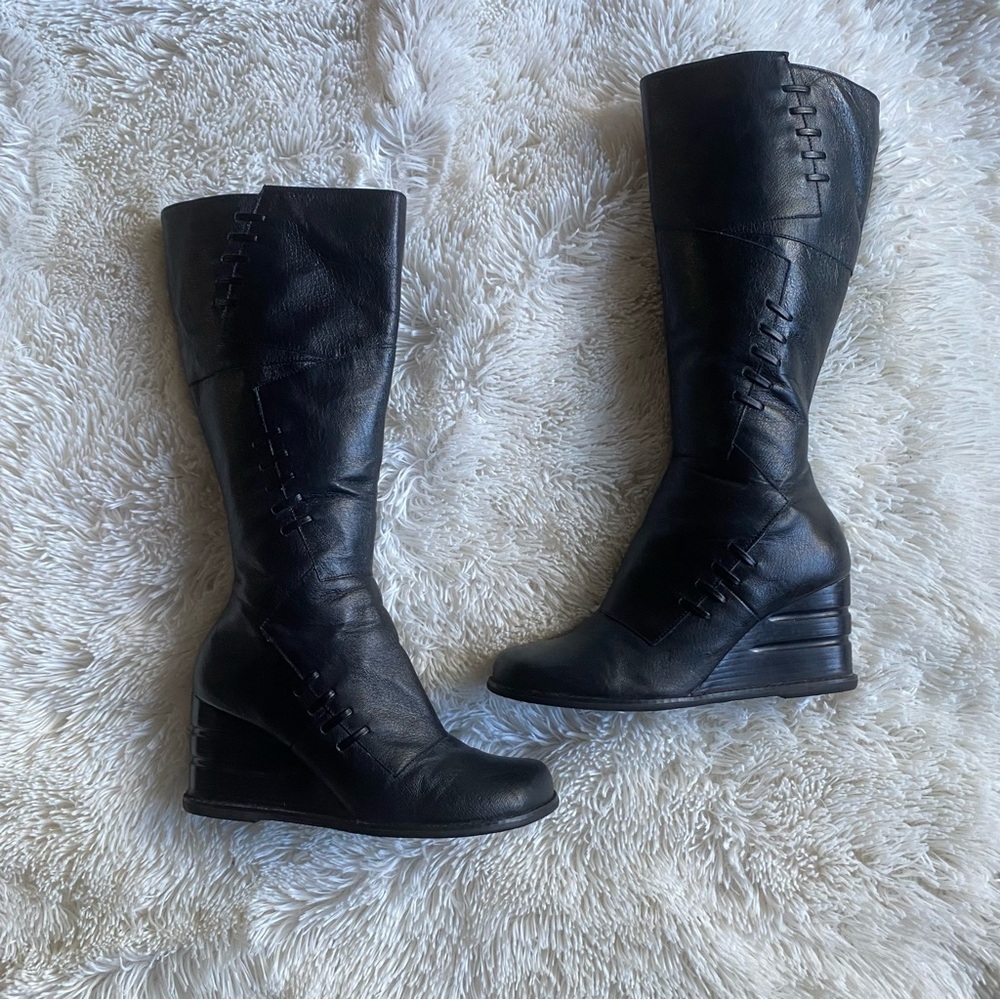 Miz Mooz brinley boot black leather riding boot wedge heel 9.5 full zip